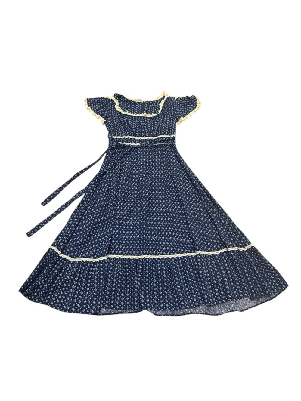 American Vintage Navy Floral Ruffle Midi Dress with Cream Trim